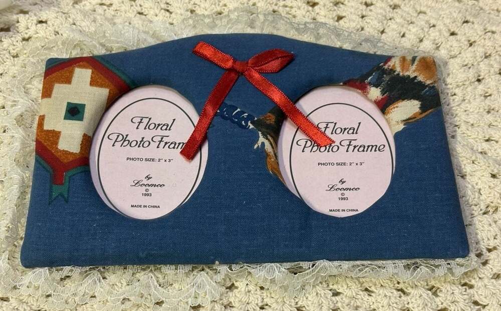 Vintage 1993 Loomco Floral Fabric Double Photo Frame